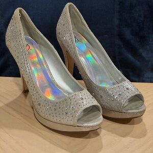 Elegant Silver Sparkly Gemstone Peep-Toe Heels for Fancy Events or Wedding